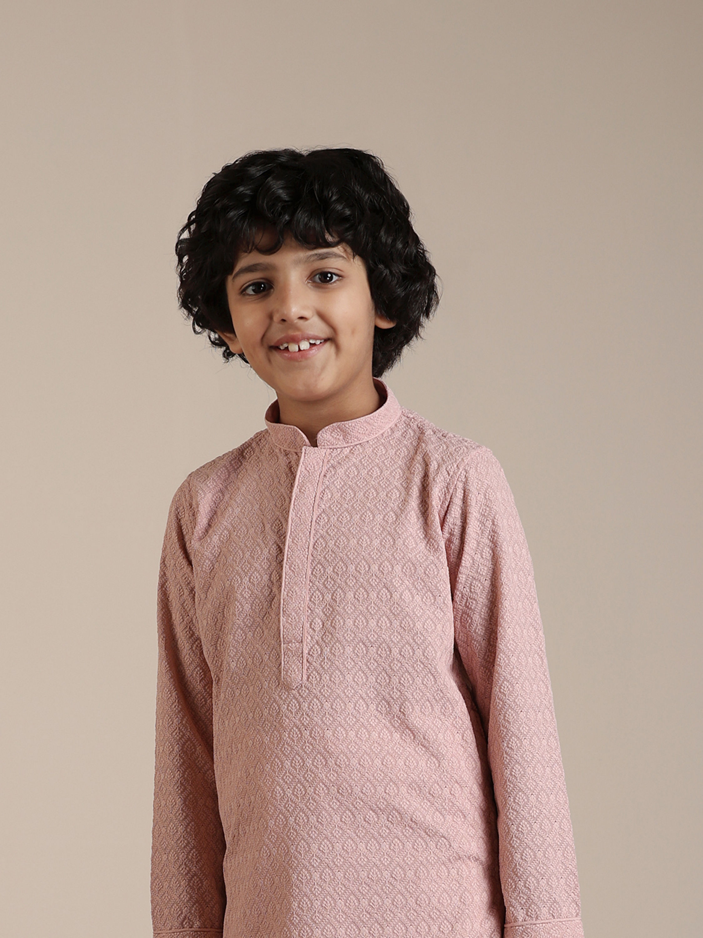 Manyavar Boys Boys Rani Pink Jaal Patterned Kurta Set