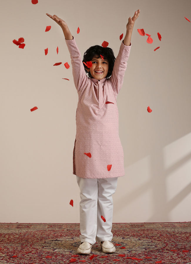 Manyavar Boys Boys Rani Pink Jaal Patterned Kurta Set