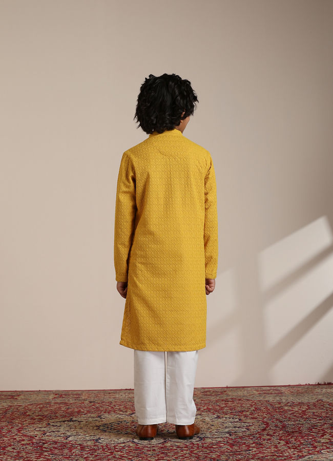 Manyavar Boys Mustard Cotton Chikankari Thread Work Kurta Set