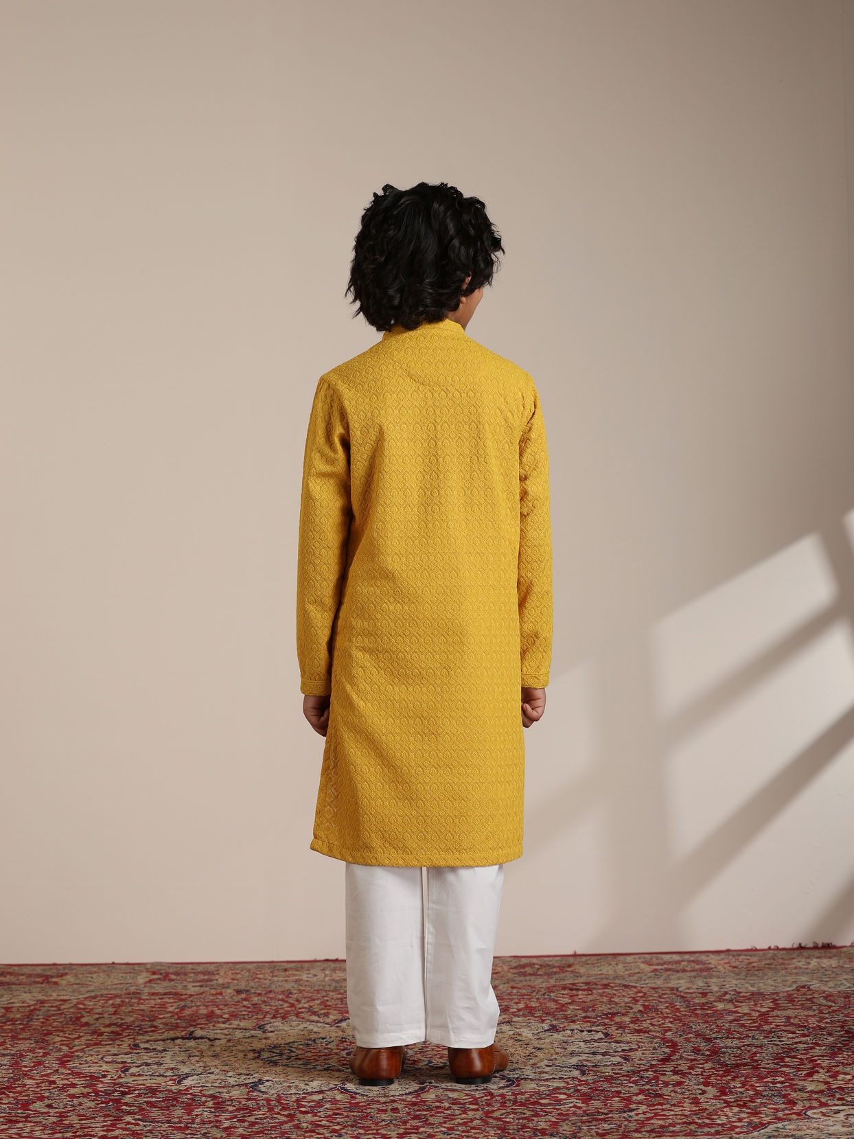 Manyavar Boys Mustard Cotton Chikankari Thread Work Kurta Set