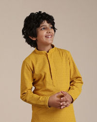 Manyavar Boys Mustard Cotton Chikankari Thread Work Kurta Set