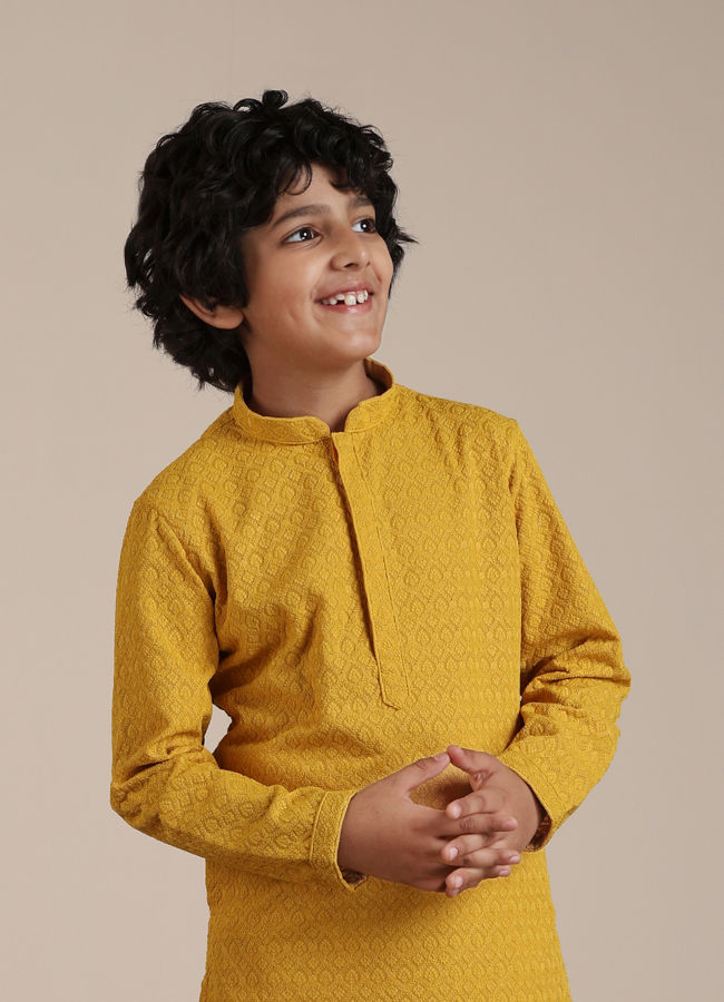 alt message - Manyavar Boys Mustard Cotton Chikankari Thread Work Kurta Set image number 0