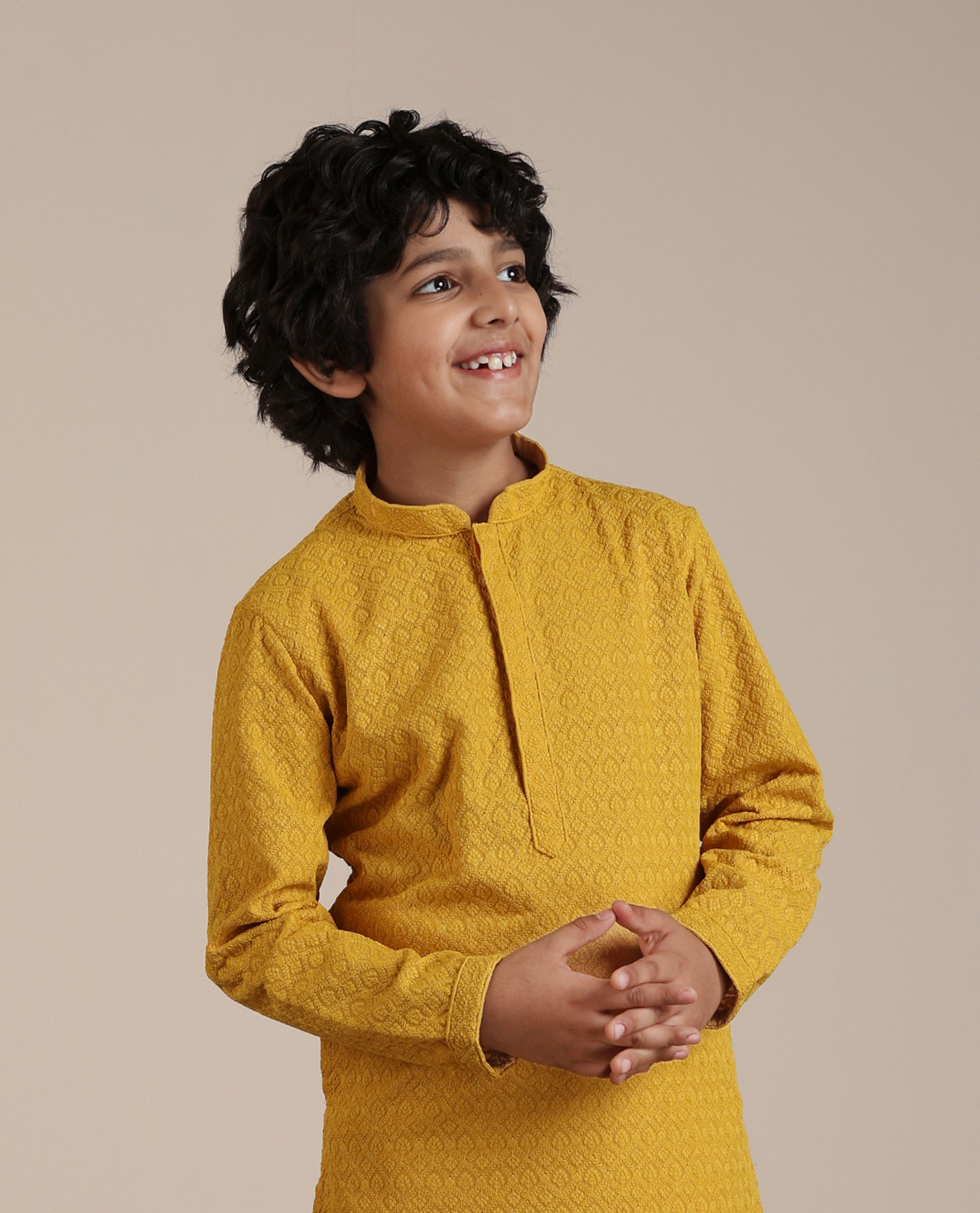 Manyavar Boys Mustard Cotton Chikankari Thread Work Kurta Set