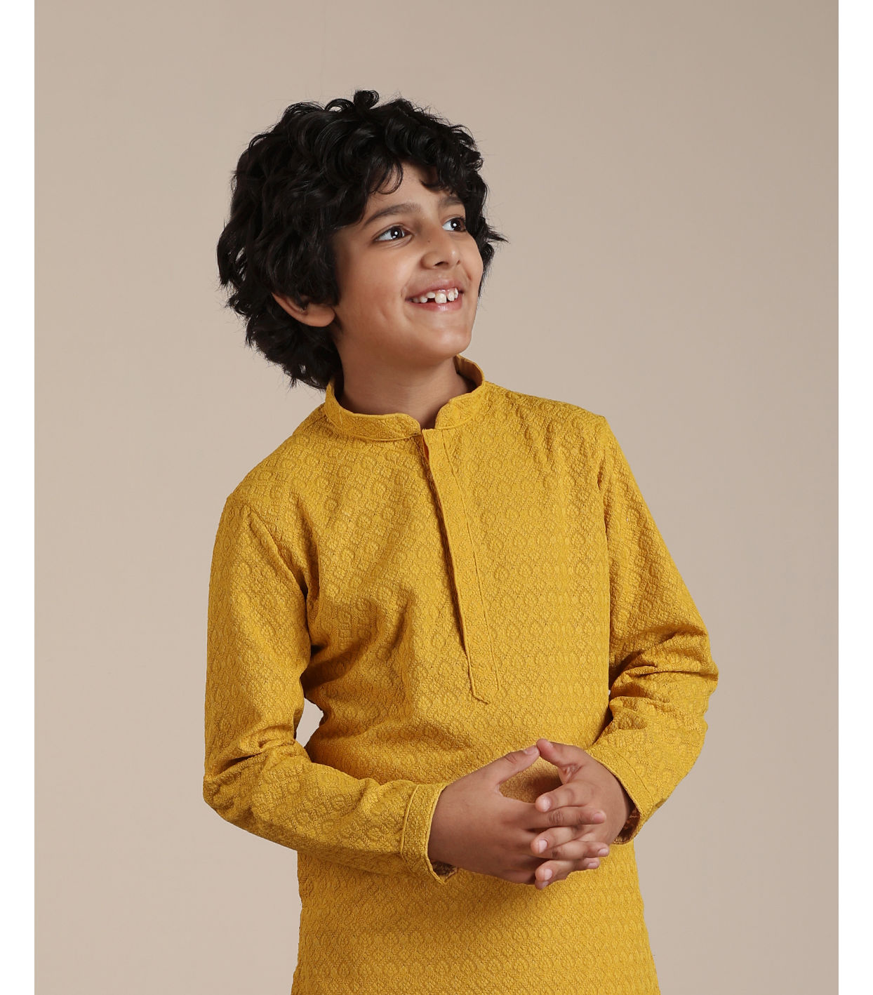 alt message - Manyavar Boys Mustard Cotton Chikankari Thread Work Kurta Set image number 0