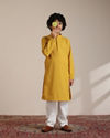 alt message - Manyavar Boys Mustard Cotton Chikankari Thread Work Kurta Set image number 1