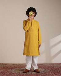 Manyavar Boys Mustard Cotton Chikankari Thread Work Kurta Set