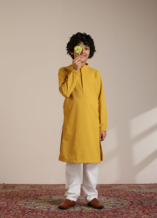 alt message - Manyavar Boys Mustard Cotton Chikankari Thread Work Kurta Set image number 1