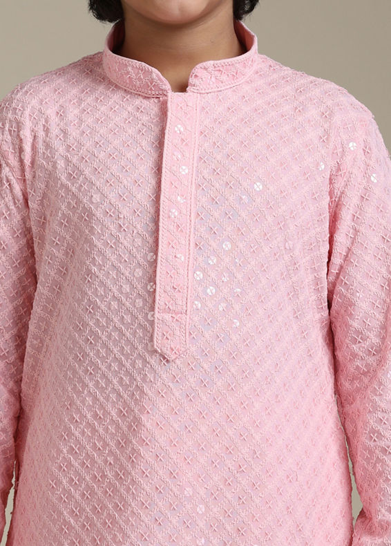 Manyavar Boys Boys Rose Pink Chikankari Embroidered Kurta Set with Sequin Work