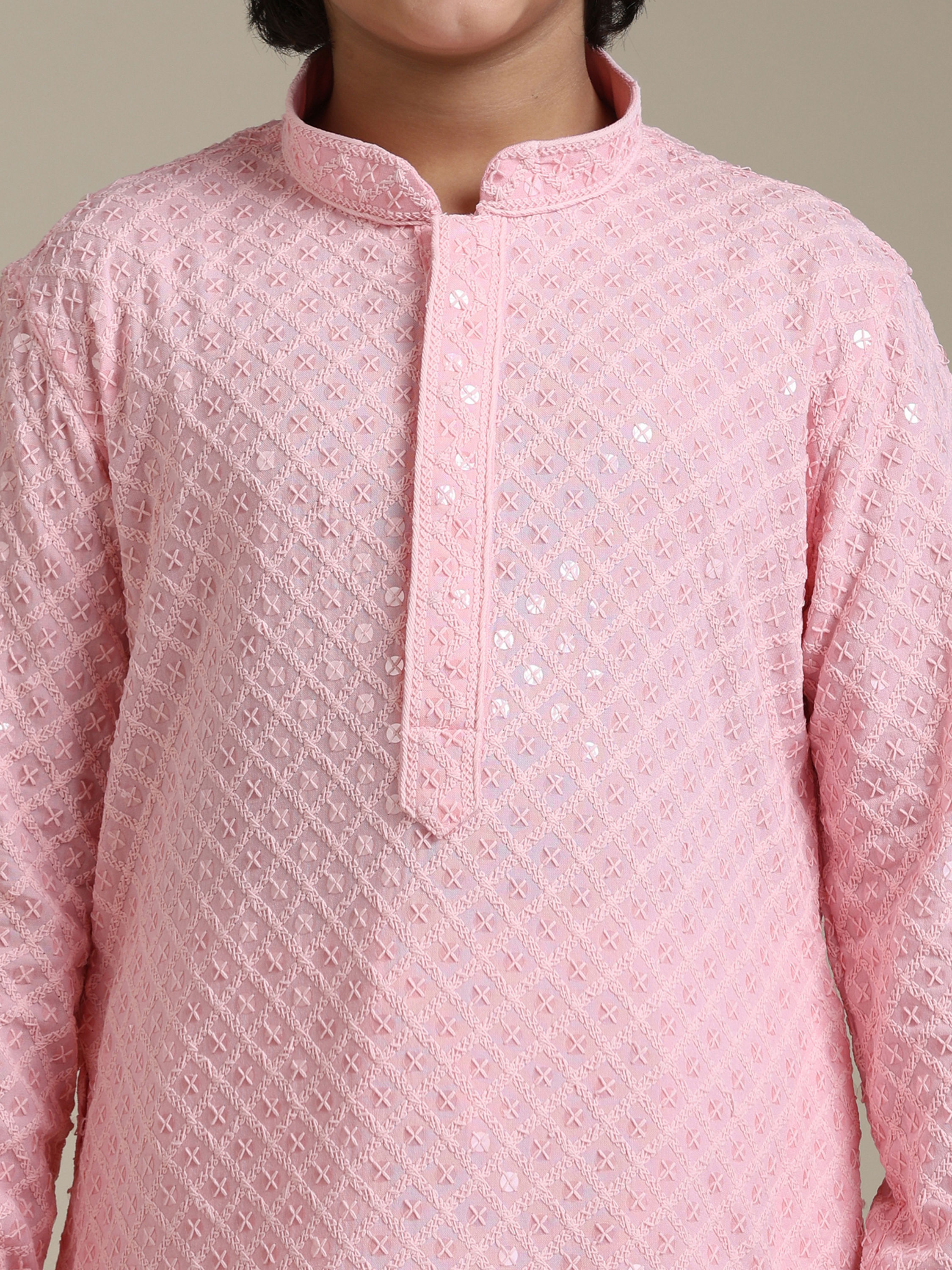Manyavar Boys Boys Rose Pink Chikankari Embroidered Kurta Set with Sequin Work