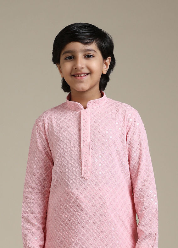 Manyavar Boys Boys Rose Pink Chikankari Embroidered Kurta Set with Sequin Work