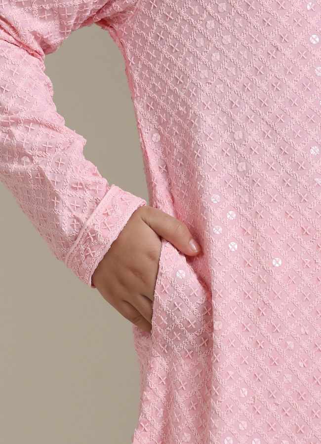 Manyavar Boys Boys Rose Pink Chikankari Embroidered Kurta Set with Sequin Work
