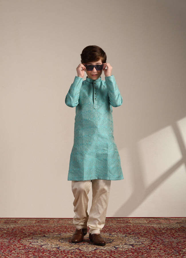 Manyavar Boys Boys Ferozi Blue Floral and Fern Patterned Kurta Set