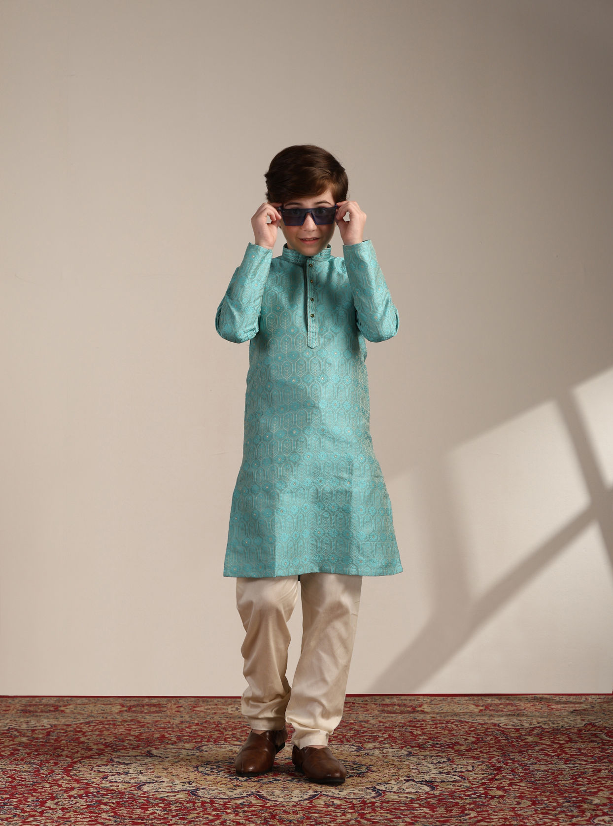 Manyavar Boys Boys Ferozi Blue Floral and Fern Patterned Kurta Set
