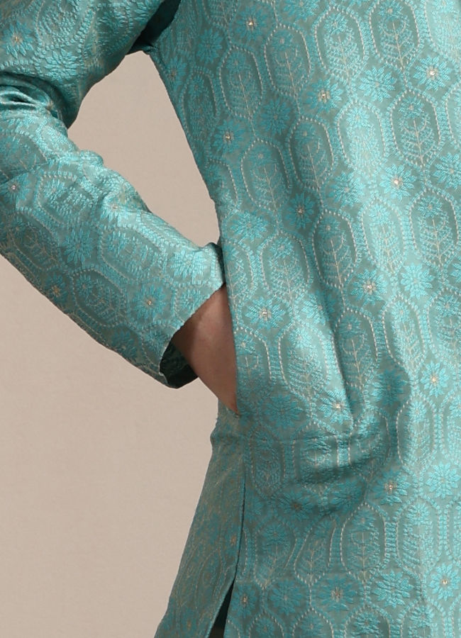 Manyavar Boys Boys Ferozi Blue Floral and Fern Patterned Kurta Set