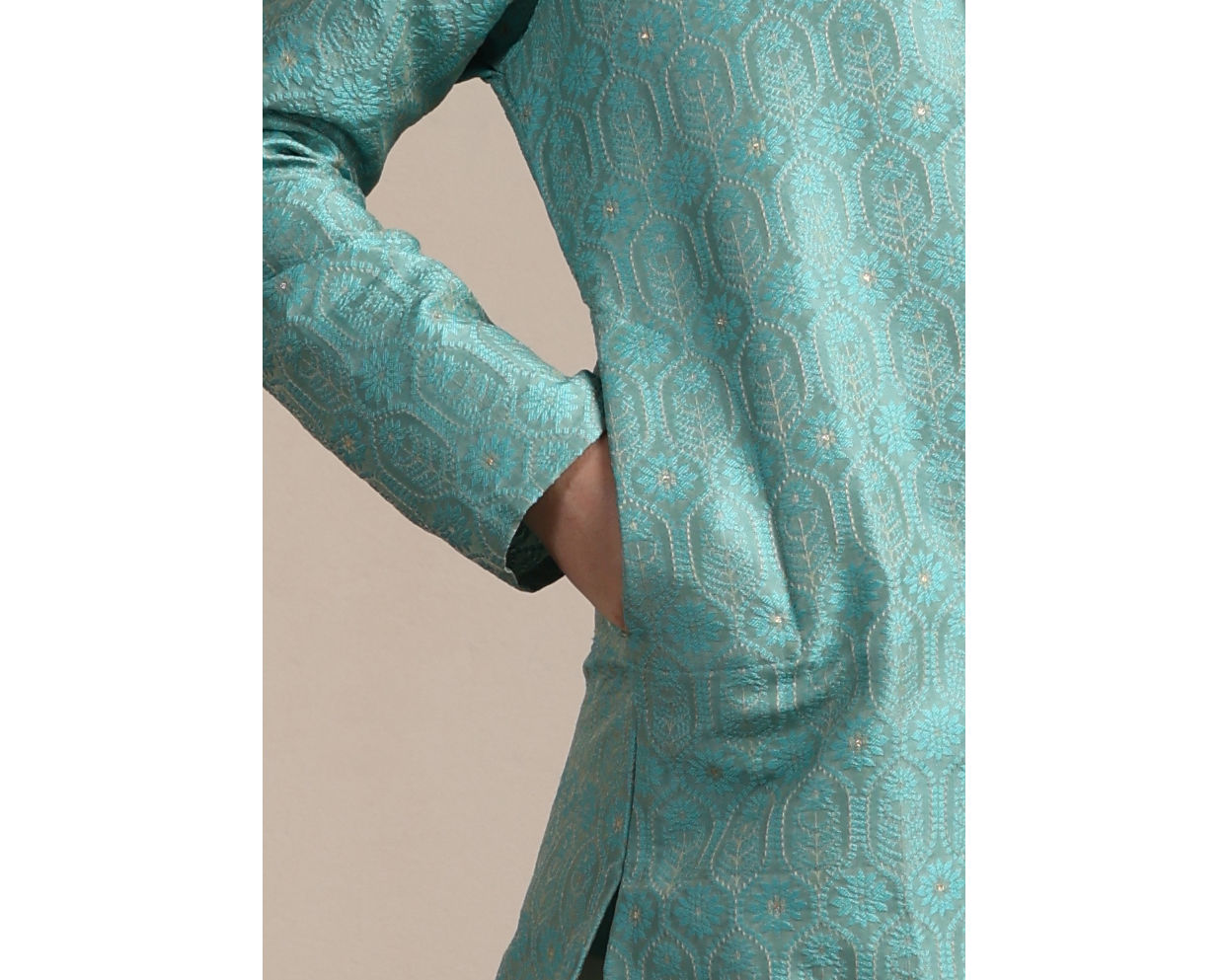 Manyavar Boys Boys Ferozi Blue Floral and Fern Patterned Kurta Set