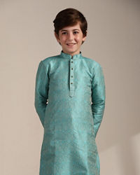 Manyavar Boys Boys Ferozi Blue Floral and Fern Patterned Kurta Set
