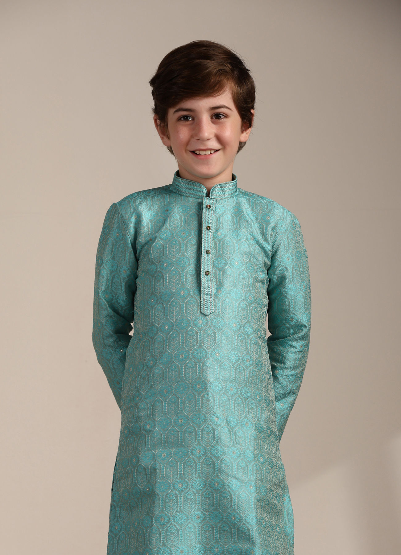 Manyavar Boys Boys Ferozi Blue Floral and Fern Patterned Kurta Set