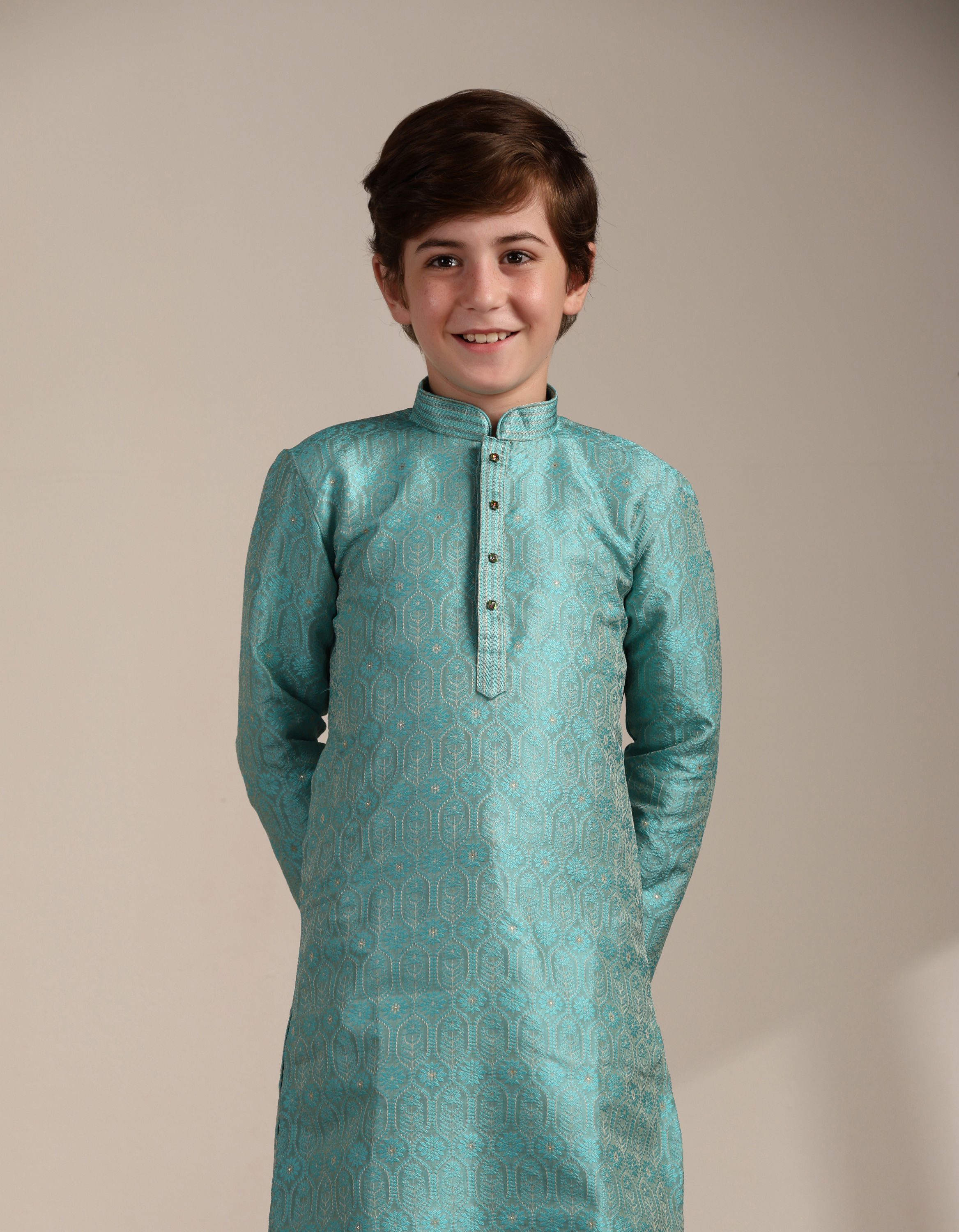 Manyavar Boys Boys Ferozi Blue Floral and Fern Patterned Kurta Set