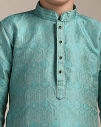 Manyavar Boys Boys Ferozi Blue Floral and Fern Patterned Kurta Set