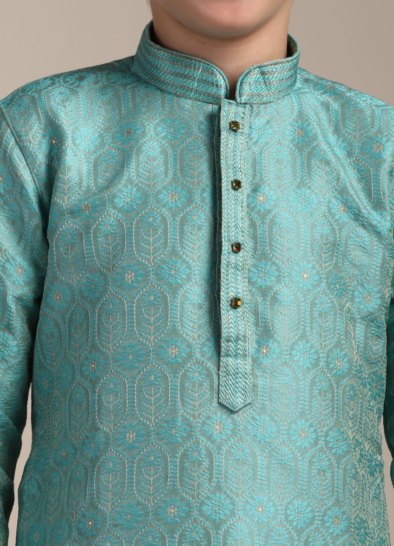 Manyavar Boys Boys Ferozi Blue Floral and Fern Patterned Kurta Set