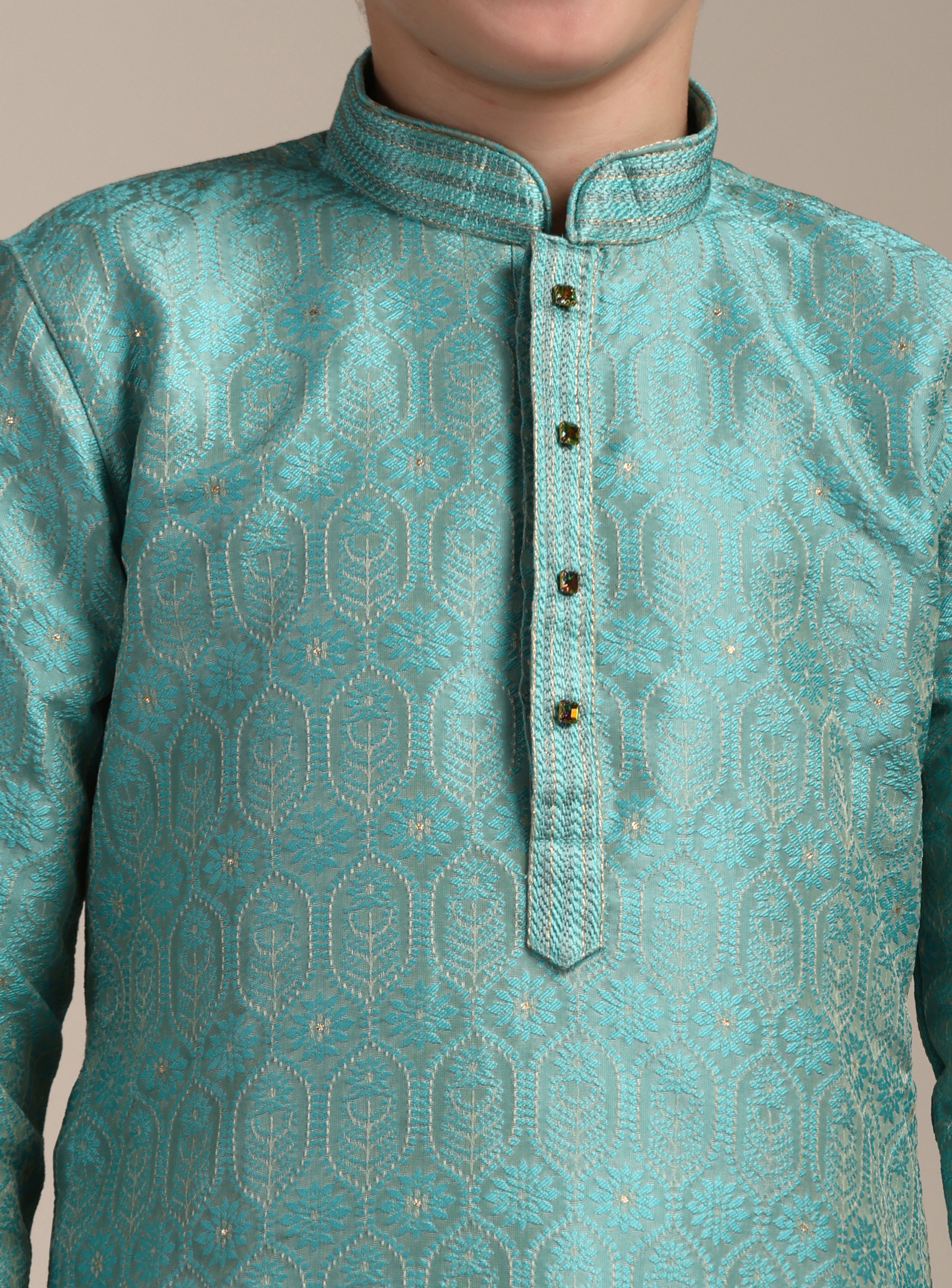 Manyavar Boys Boys Ferozi Blue Floral and Fern Patterned Kurta Set