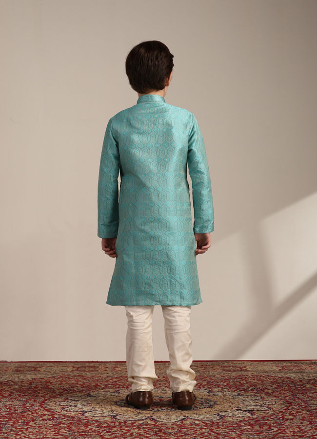 Manyavar Boys Boys Ferozi Blue Floral and Fern Patterned Kurta Set
