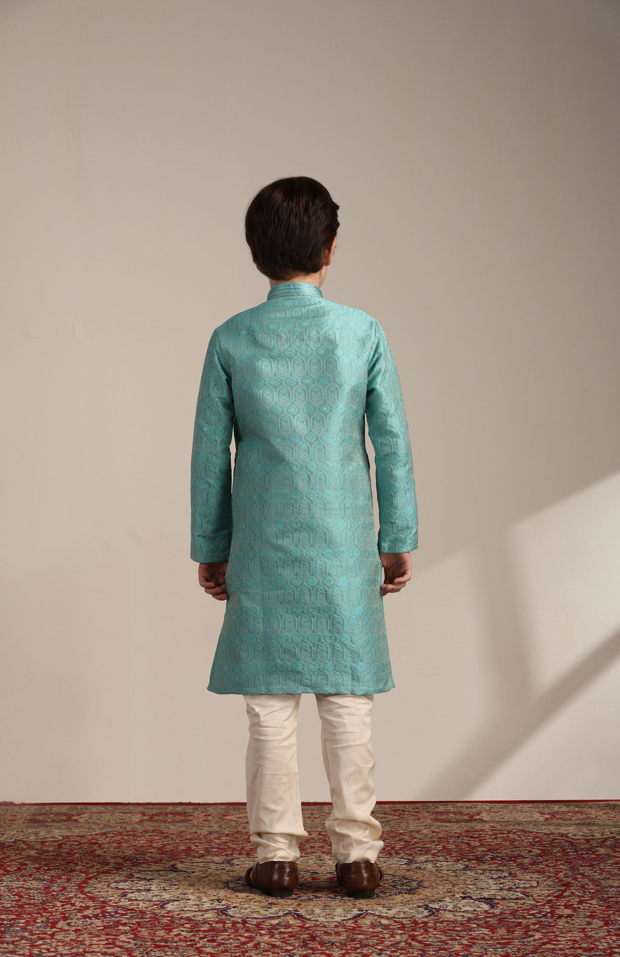 Manyavar Boys Boys Ferozi Blue Floral and Fern Patterned Kurta Set