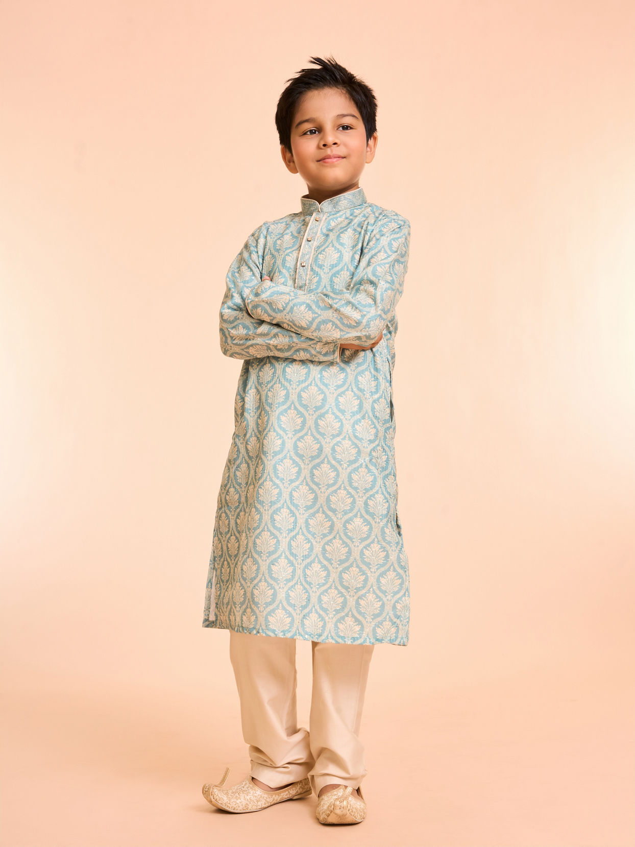 Manyavar Boys Green Hue Cotton Kurta Pajama