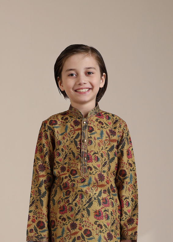 Manyavar Boys Boys Mustard Yellow Bel Buti Patterned Kurta Set