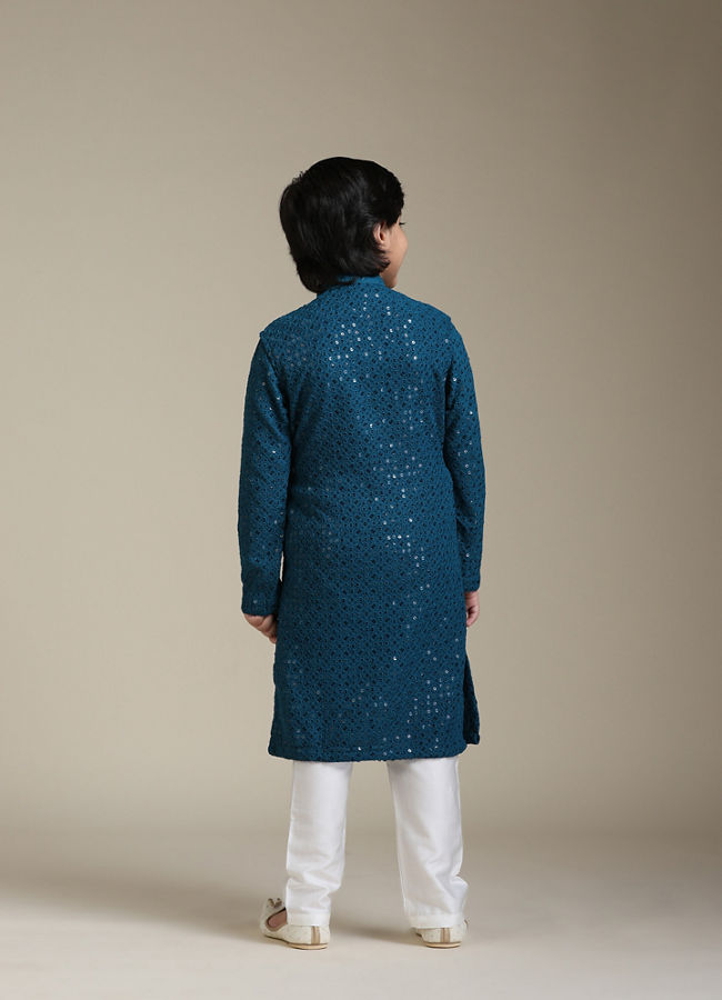 Manyavar Boys Boys Teal Blue Chikankari Embroidered Kurta Set with Sequin Work