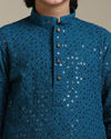 alt message - Manyavar Boys Boys Teal Blue Chikankari Embroidered Kurta Set with Sequin Work image number 1