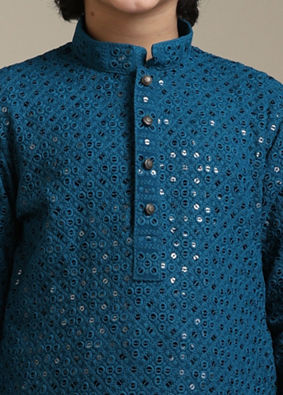 alt message - Manyavar Boys Boys Teal Blue Chikankari Embroidered Kurta Set with Sequin Work image number 1