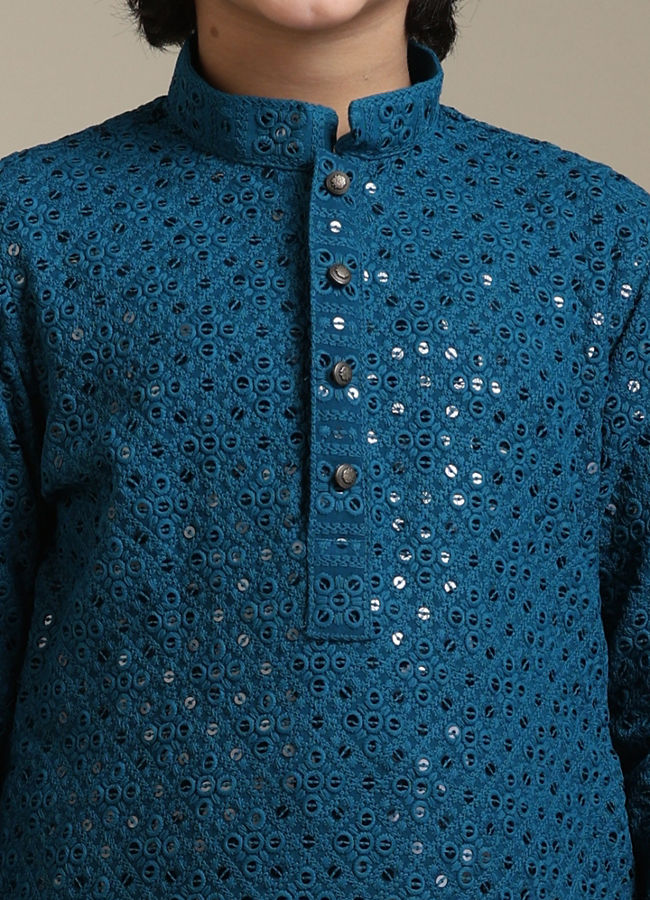 Manyavar Boys Boys Teal Blue Chikankari Embroidered Kurta Set with Sequin Work