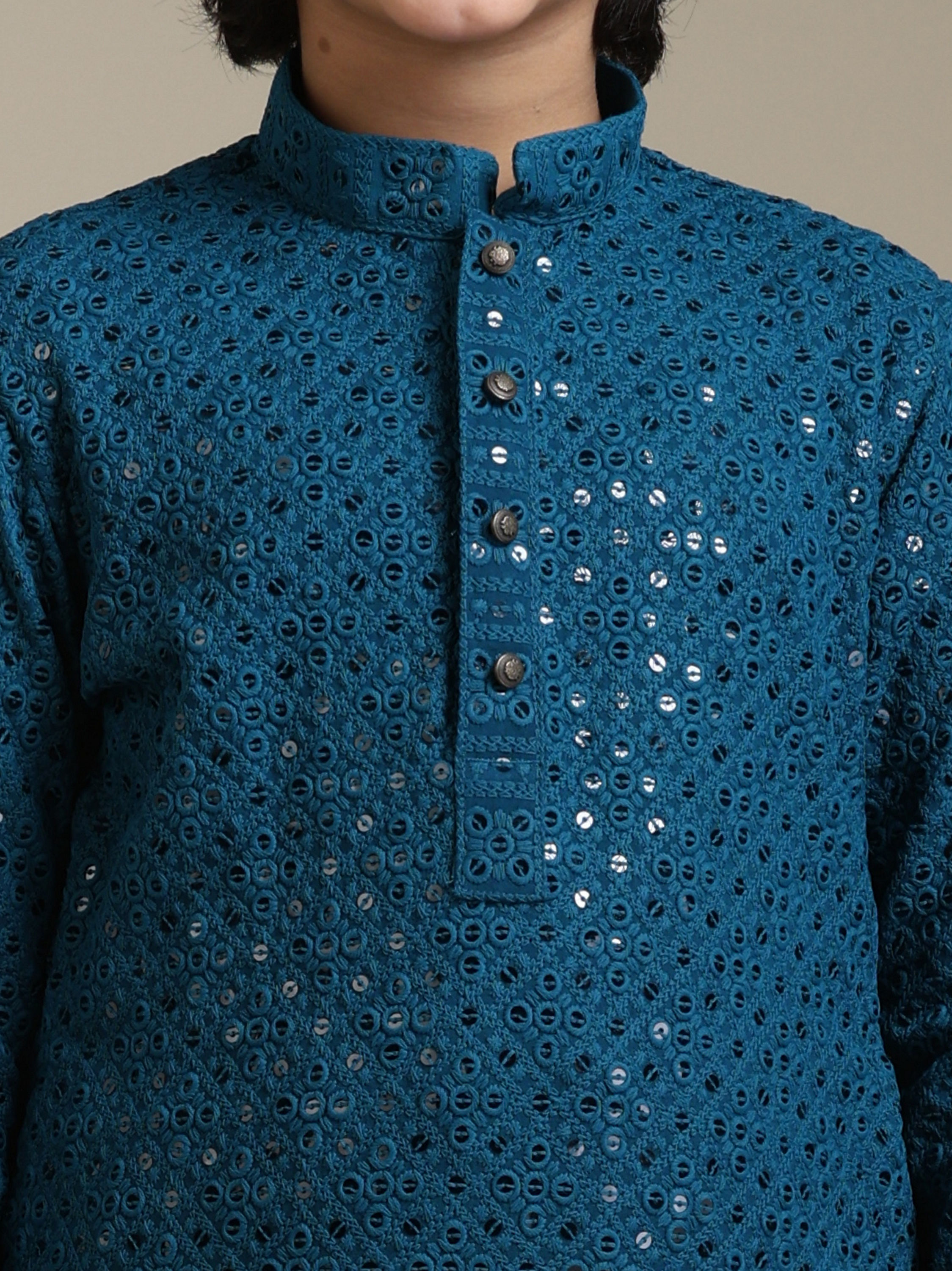 Manyavar Boys Boys Teal Blue Chikankari Embroidered Kurta Set with Sequin Work