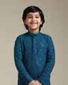 alt message - Manyavar Boys Boys Teal Blue Chikankari Embroidered Kurta Set with Sequin Work image number 0