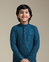 Manyavar Boys Boys Teal Blue Chikankari Embroidered Kurta Set with Sequin Work