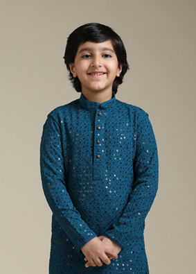 alt message - Manyavar Boys Boys Teal Blue Chikankari Embroidered Kurta Set with Sequin Work image number 0