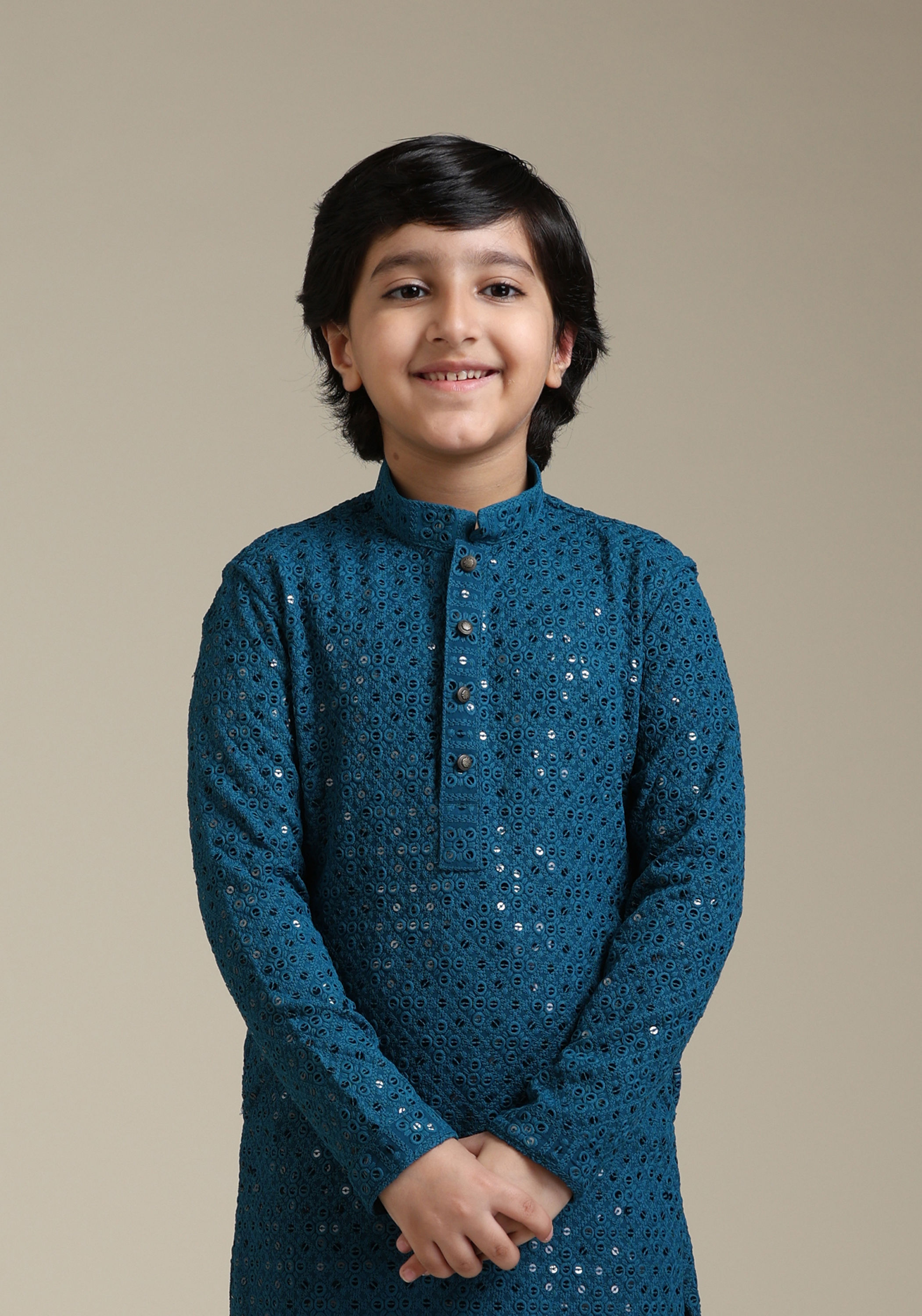 Manyavar Boys Boys Teal Blue Chikankari Embroidered Kurta Set with Sequin Work