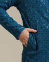 alt message - Manyavar Boys Boys Teal Blue Chikankari Embroidered Kurta Set with Sequin Work image number 3