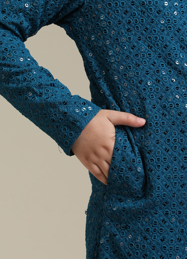 Manyavar Boys Boys Teal Blue Chikankari Embroidered Kurta Set with Sequin Work