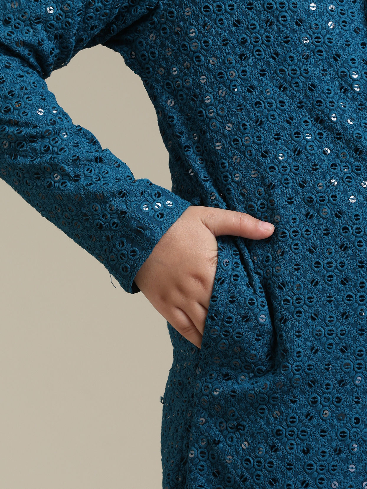 Manyavar Boys Boys Teal Blue Chikankari Embroidered Kurta Set with Sequin Work