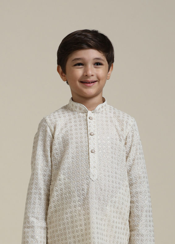 Manyavar Boys Boys Cream White Buta Patterned Kurta Set