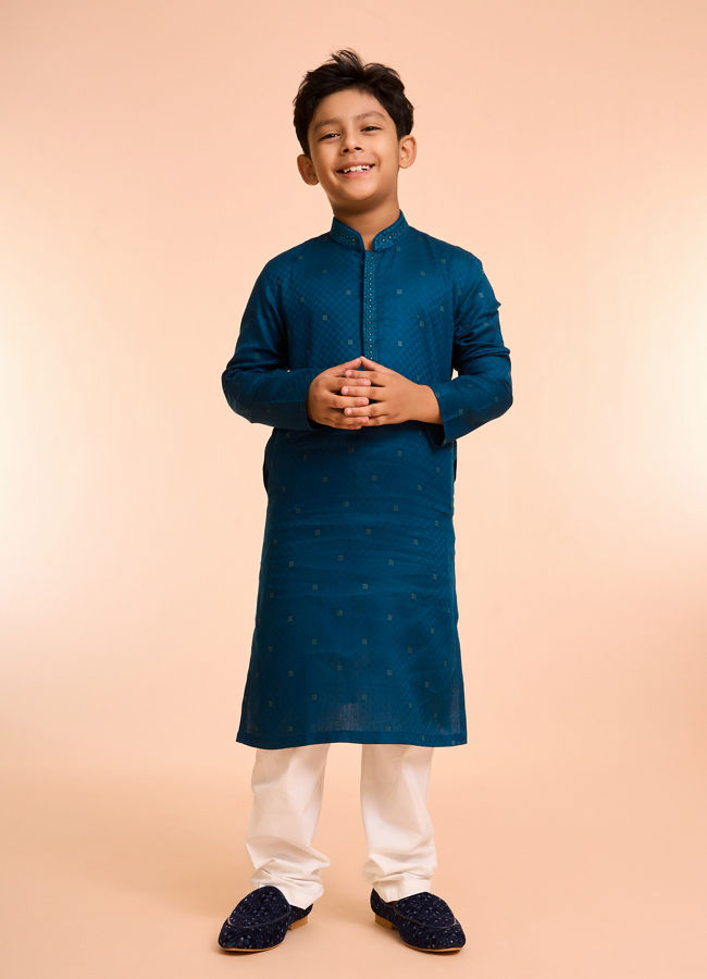 Manyavar Boys Teal Blue Cotton Kurta Pajama