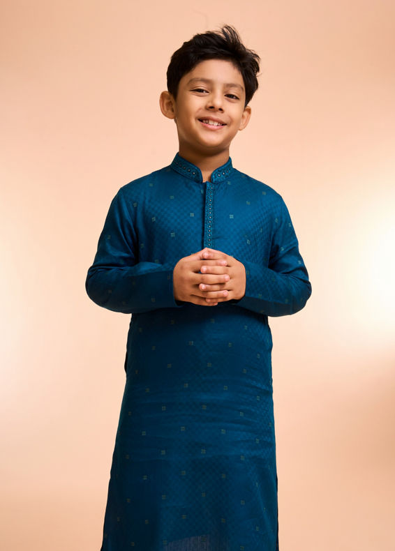Manyavar Boys Teal Blue Cotton Kurta Pajama