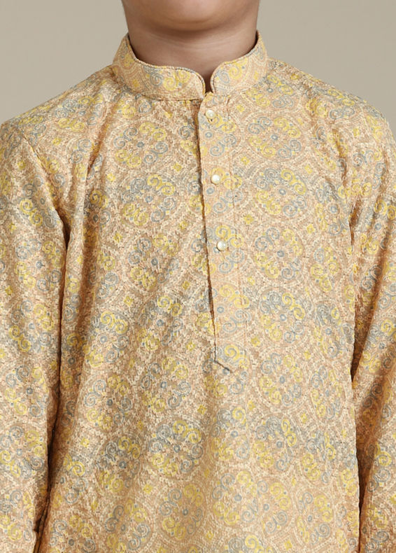 Manyavar Boys Boys Mustard Yellow Chikankari Kurta Set in Circular Pattern