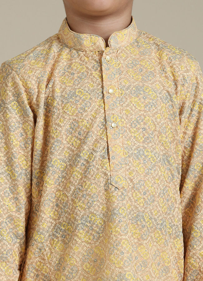 Manyavar Boys Boys Mustard Yellow Chikankari Kurta Set in Circular Pattern