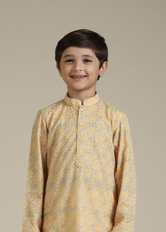 Manyavar Boys Boys Mustard Yellow Chikankari Kurta Set in Circular Pattern