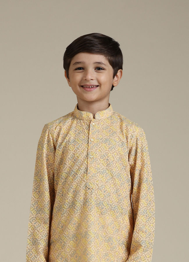 Manyavar Boys Boys Mustard Yellow Chikankari Kurta Set in Circular Pattern