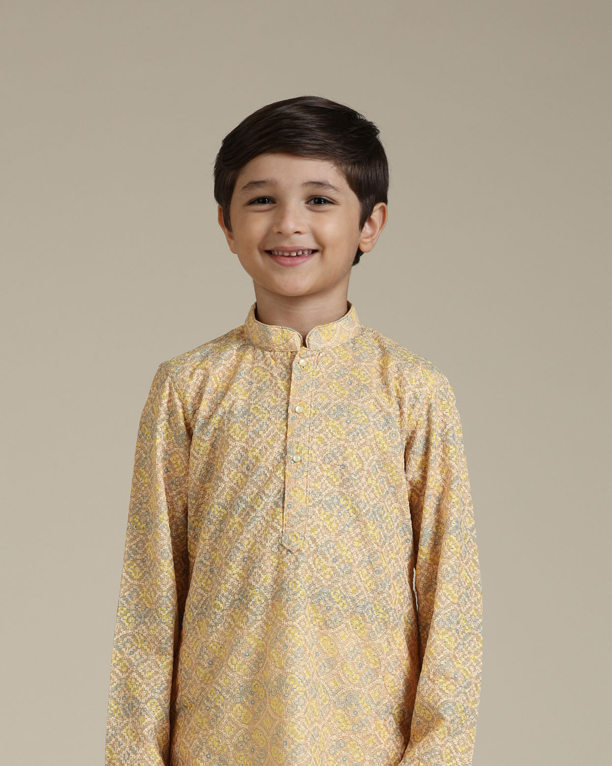 Manyavar Boys Boys Mustard Yellow Chikankari Kurta Set in Circular Pattern