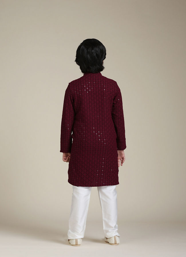 Manyavar Boys Boys Maroon Red Chikankari Kurta Set with Sequin Work